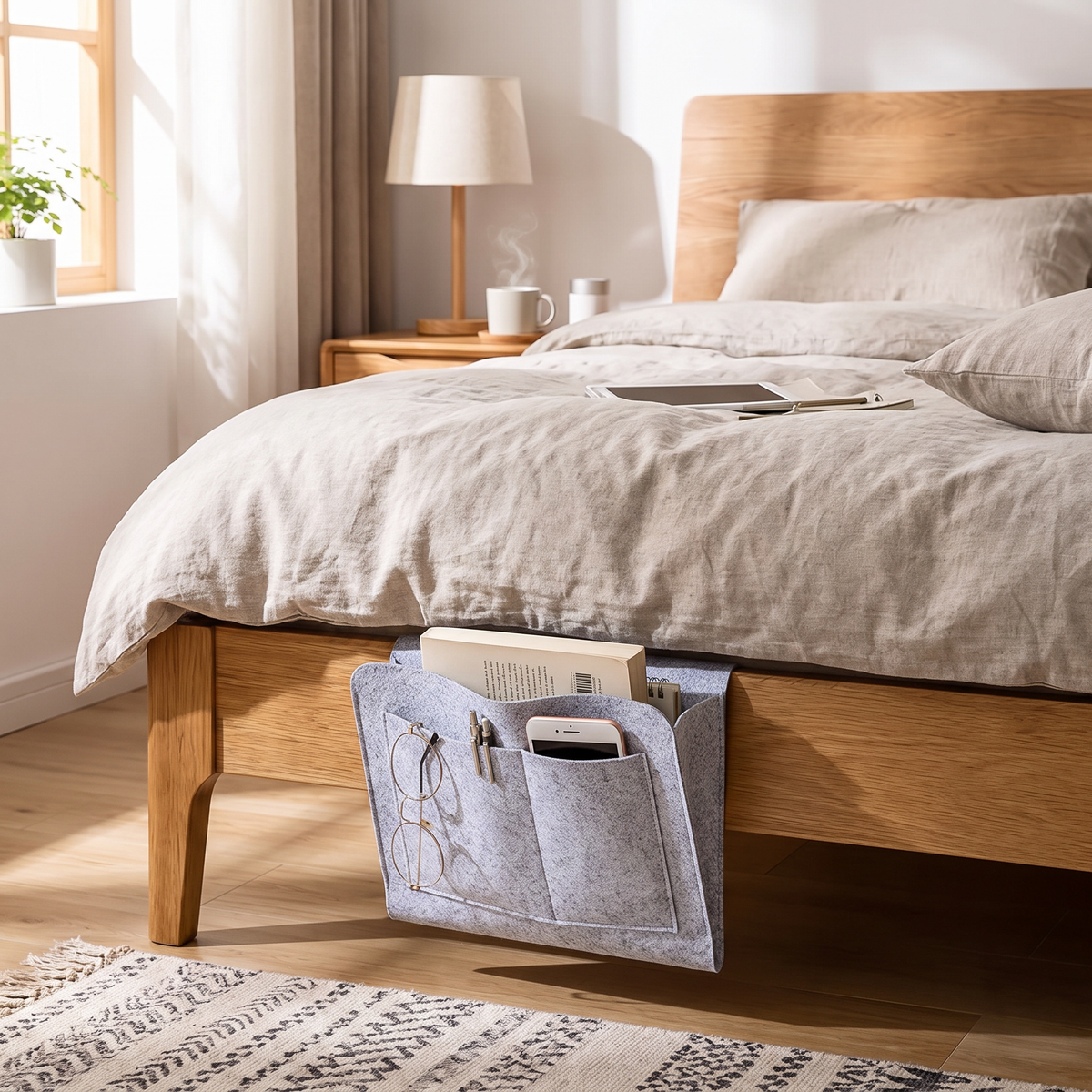 Felt Bedside Organizer with Cable Openings - lifestyle