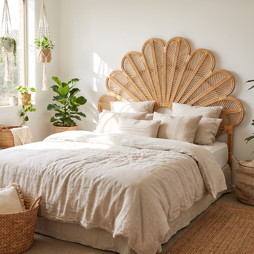 Handwoven Rattan Flower Headboard for Queen Beds - lifestyle