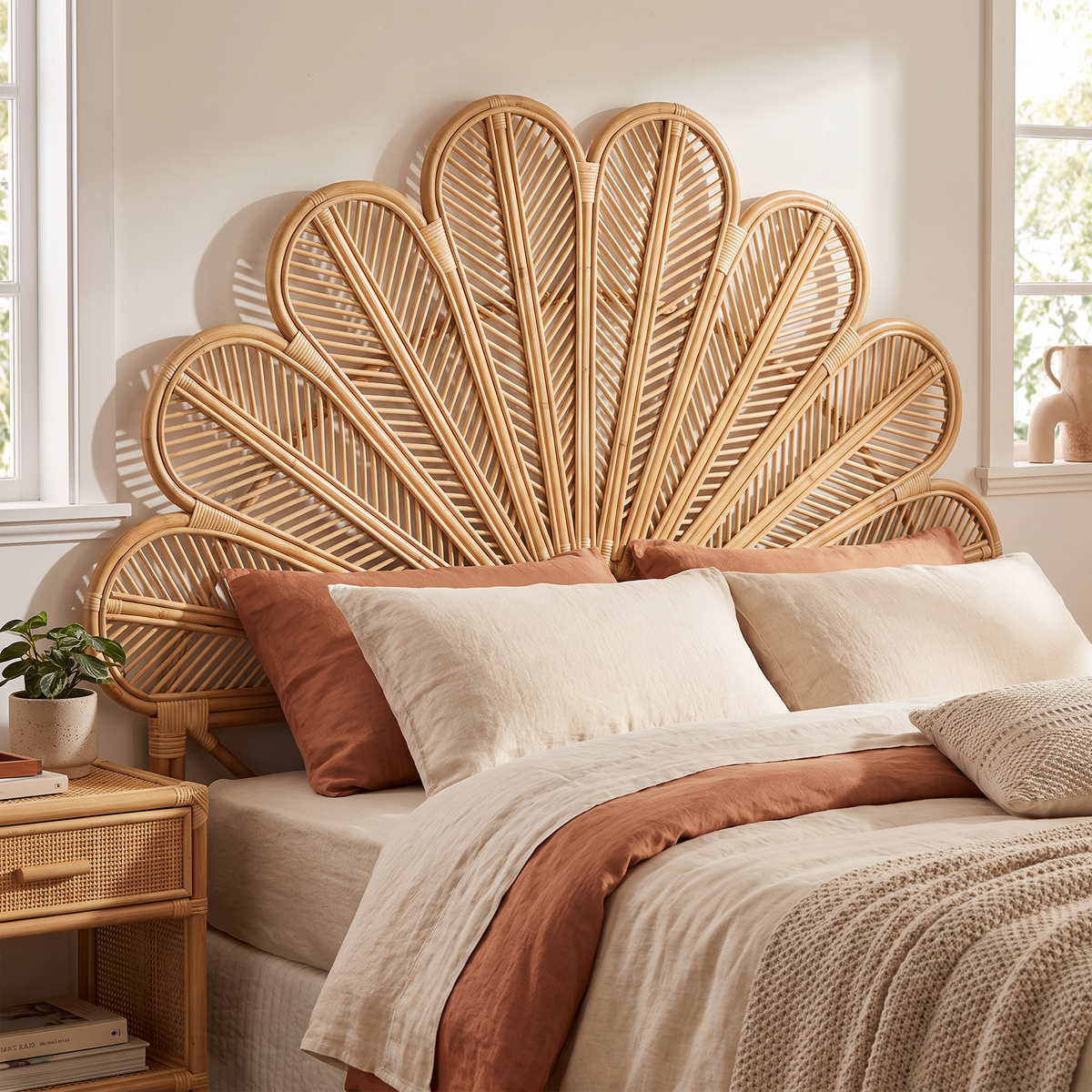 Handwoven Rattan Flower Headboard for Queen Beds - lifestyle