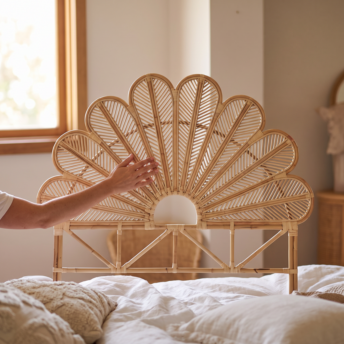 Handwoven Rattan Flower Headboard for Queen Beds - lifestyle