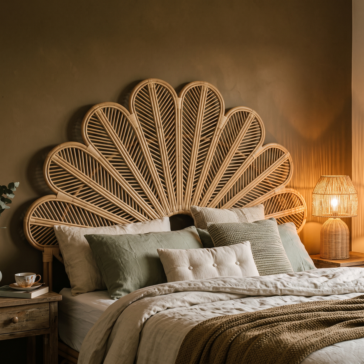 Handwoven Rattan Flower Headboard for Queen Beds - lifestyle