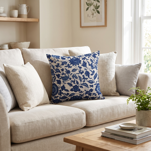 Blue Porcelain Print Linen-Cotton Cushion Cover - lifestyle