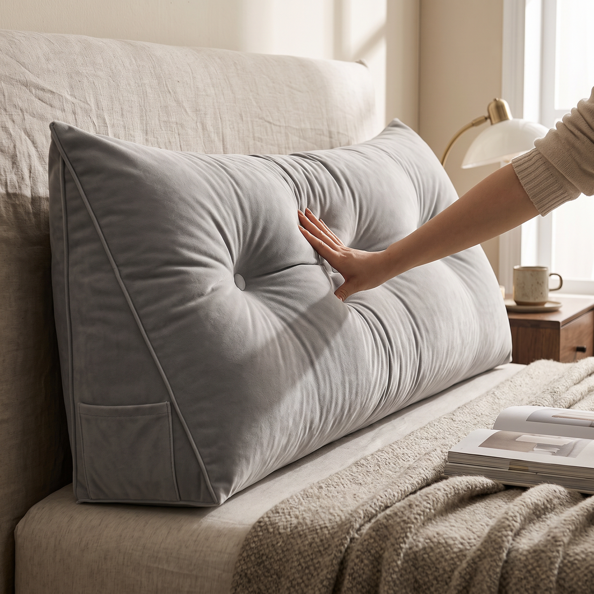 Button-Tufted Triangle Wedge Backrest Pillow - lifestyle