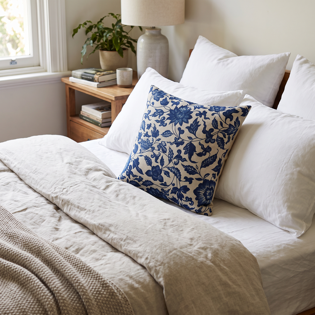 Blue Porcelain Print Linen-Cotton Cushion Cover - lifestyle