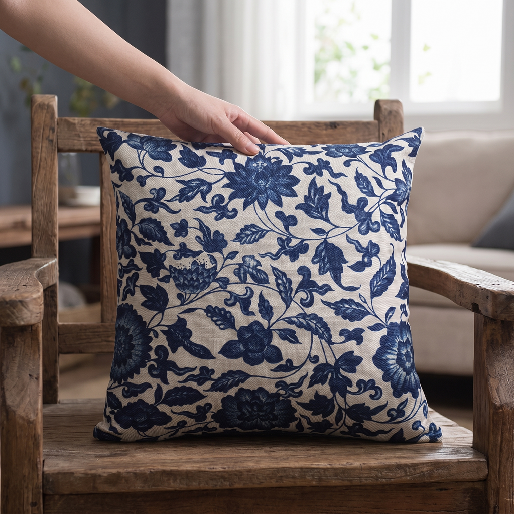 Blue Porcelain Print Linen-Cotton Cushion Cover - lifestyle