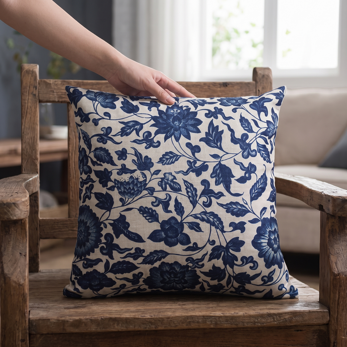 Blue Porcelain Print Linen-Cotton Cushion Cover - lifestyle