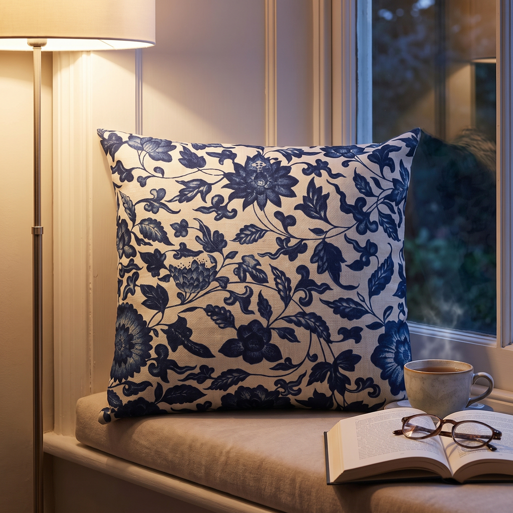 Blue Porcelain Print Linen-Cotton Cushion Cover - lifestyle