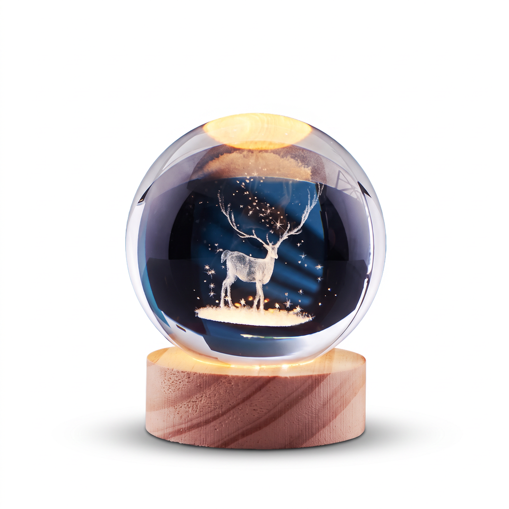 3D Engraved Crystal Ball Night Light with Wooden Base