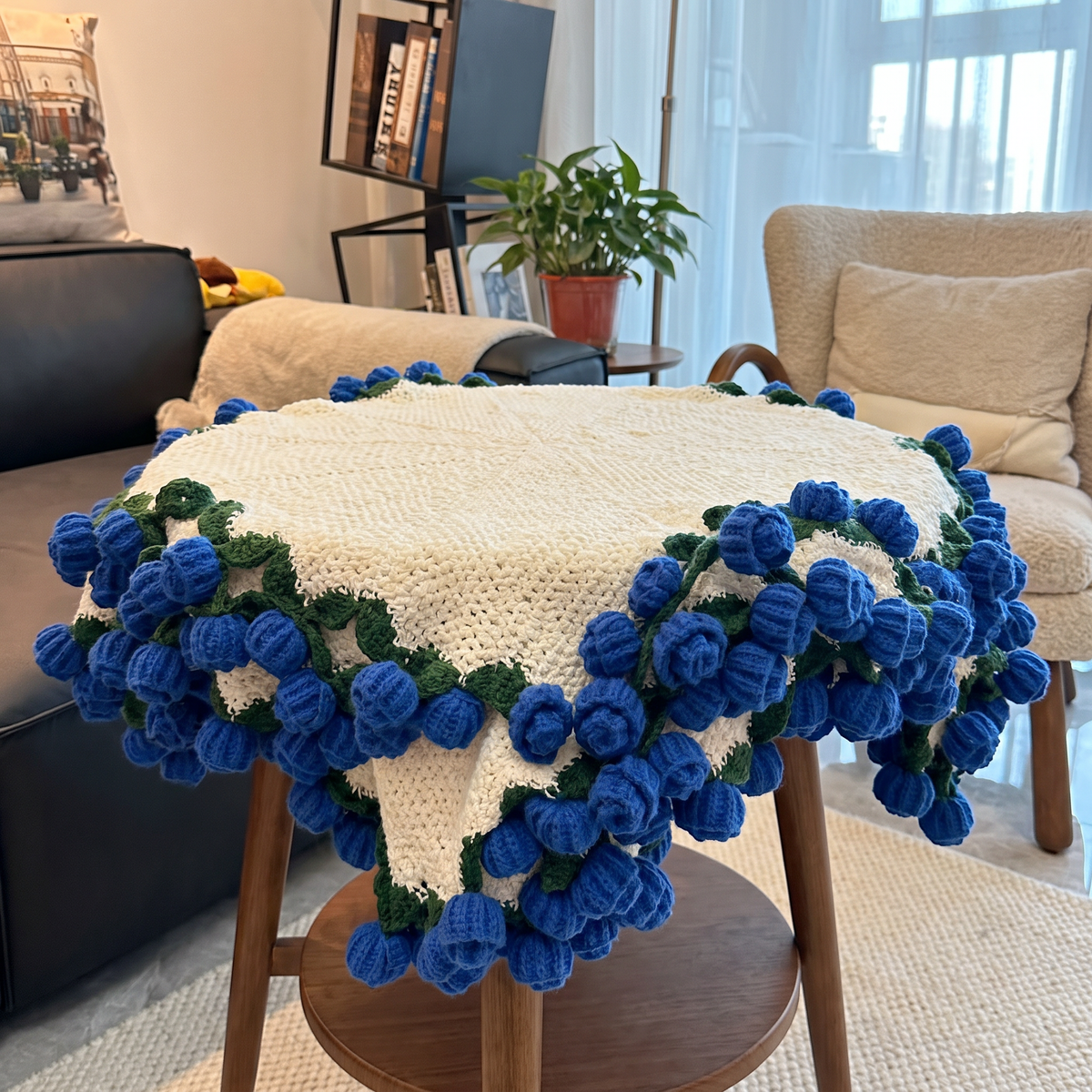 Handmade Crochet Rose Border Round Blanket - lifestyle