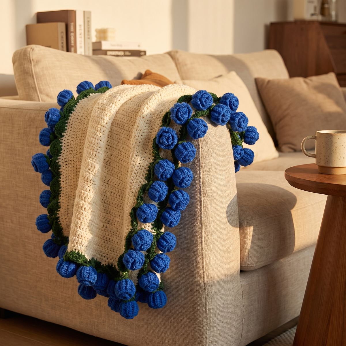 Handmade Crochet Rose Border Round Blanket - lifestyle