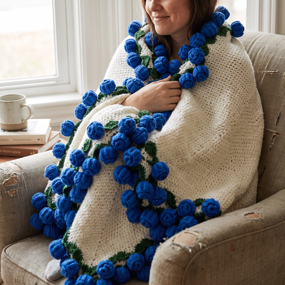 Handmade Crochet Rose Border Round Blanket - lifestyle