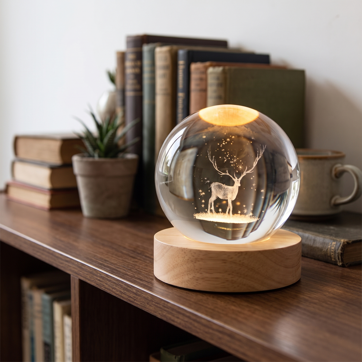 3D Engraved Crystal Ball Night Light with Wooden Base - lifestyle