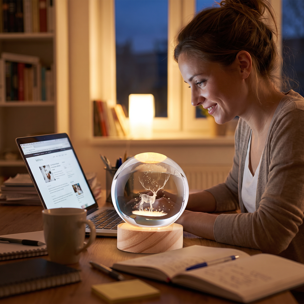 3D Engraved Crystal Ball Night Light with Wooden Base - lifestyle