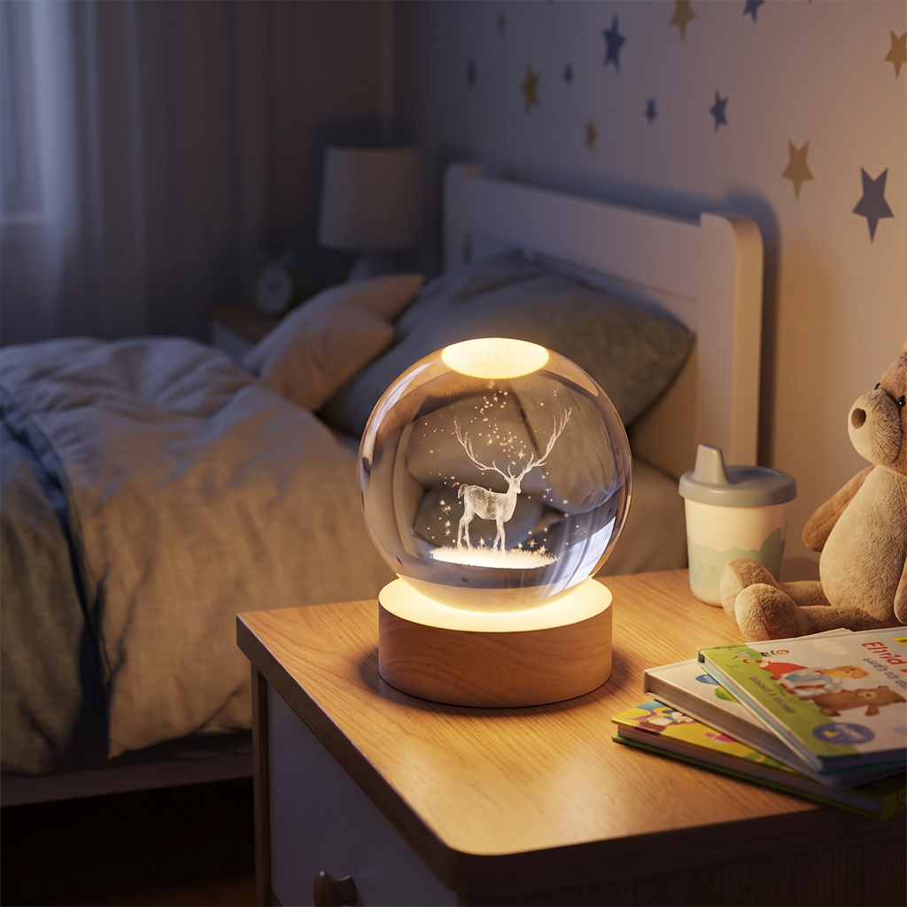 3D Engraved Crystal Ball Night Light with Wooden Base - lifestyle