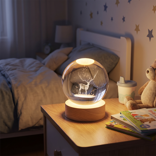 3D Engraved Crystal Ball Night Light with Wooden Base - lifestyle
