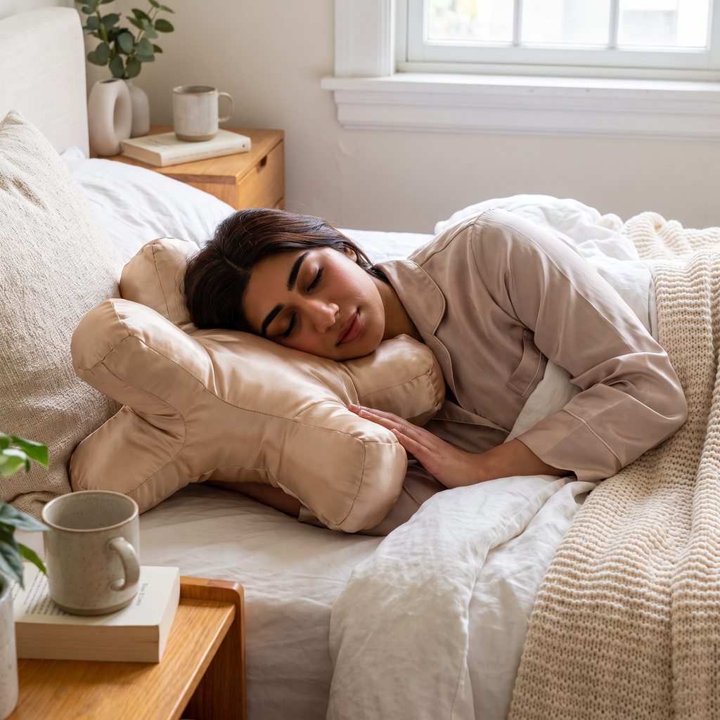 Satin X-Shaped Ergonomic Sleeping Pillow - lifestyle