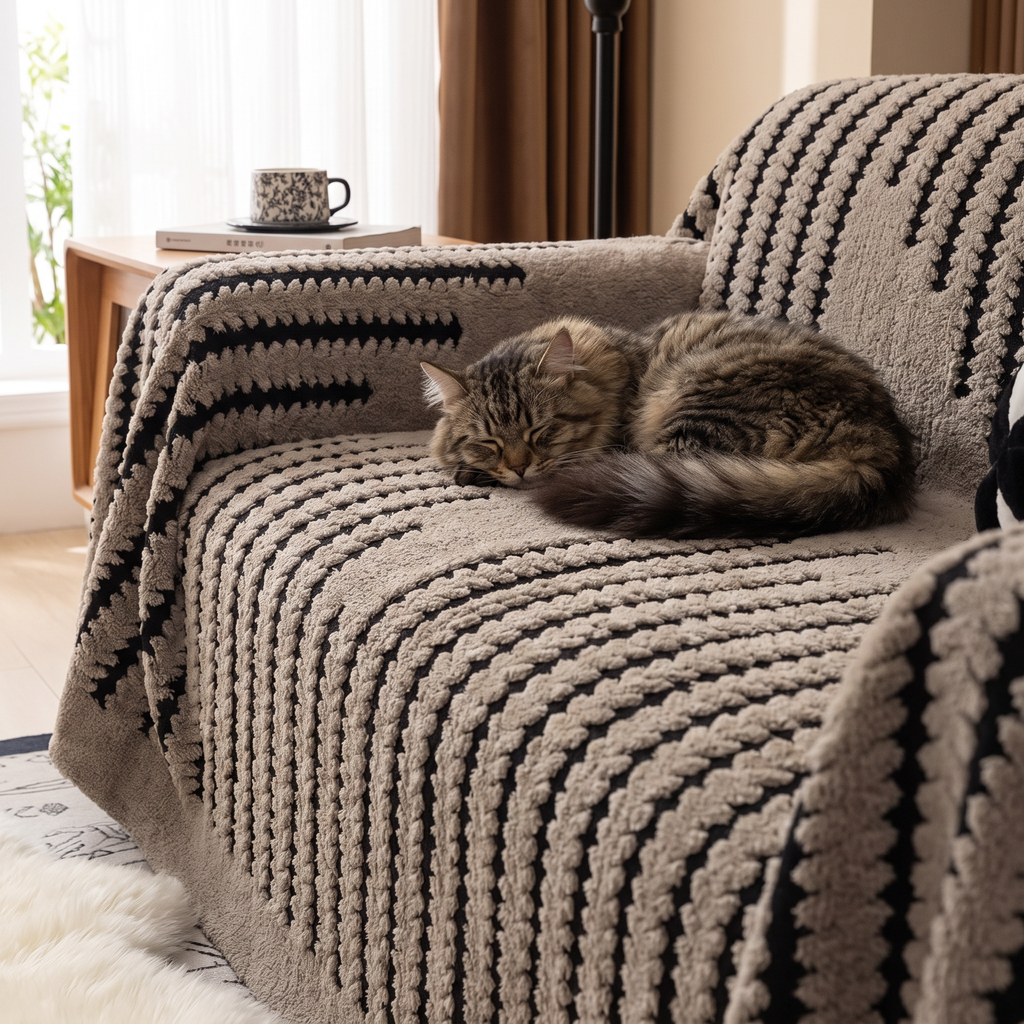 Tufted Striped Plush Sofa Cover Throw - lifestyle
