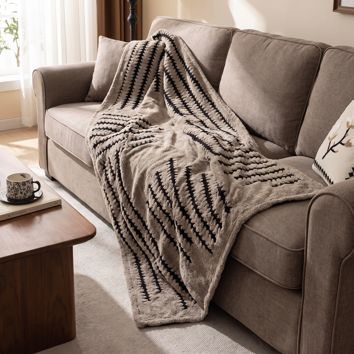 Tufted Striped Plush Sofa Cover Throw - lifestyle