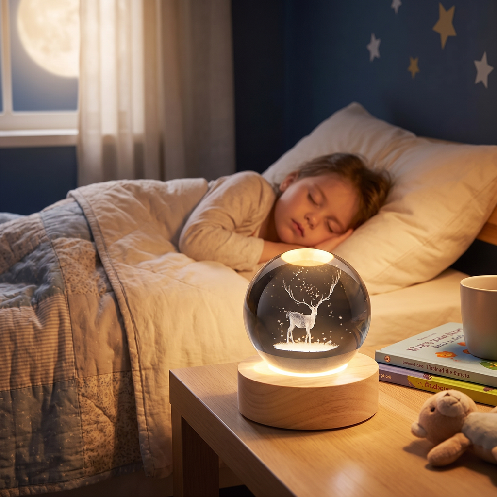 3D Engraved Crystal Ball Night Light with Wooden Base - lifestyle