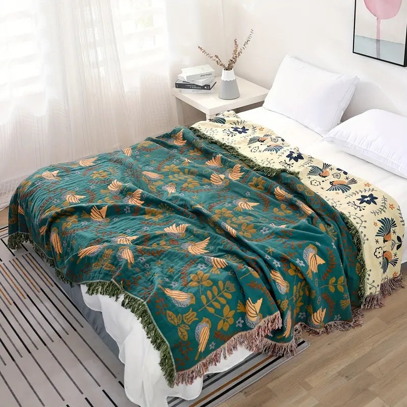 Scandinavian Bird Reversible Fringed Cotton Blanket