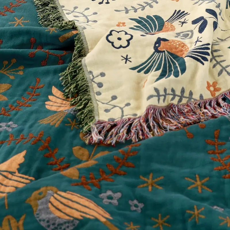Scandinavian Bird Reversible Fringed Cotton Blanket
