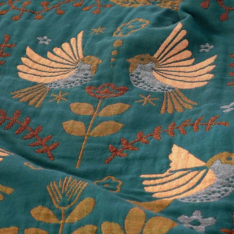 Scandinavian Bird Reversible Fringed Cotton Blanket