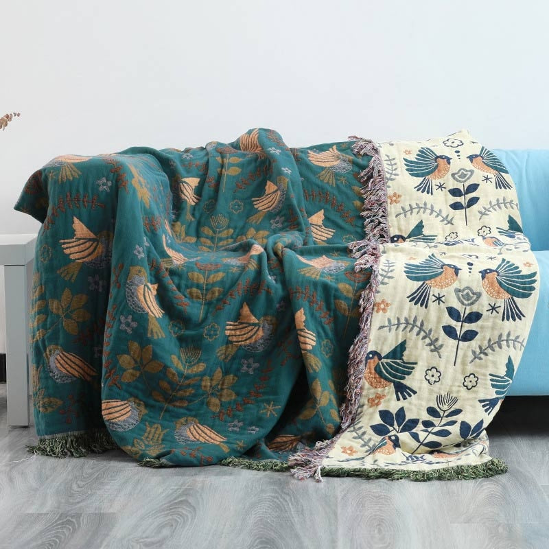 Scandinavian Bird Reversible Fringed Cotton Blanket