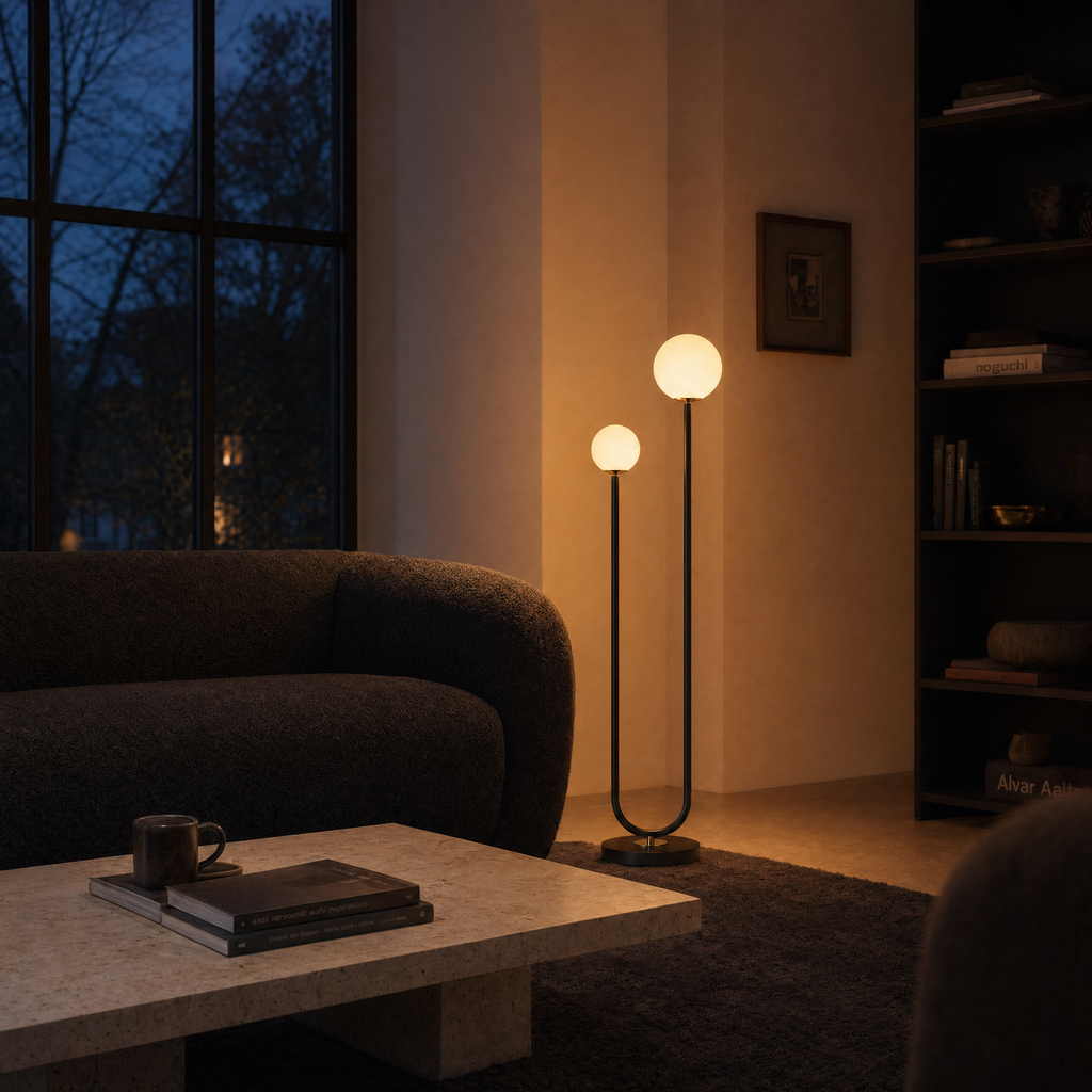Curved Iron Twin-Globe Floor Lamp