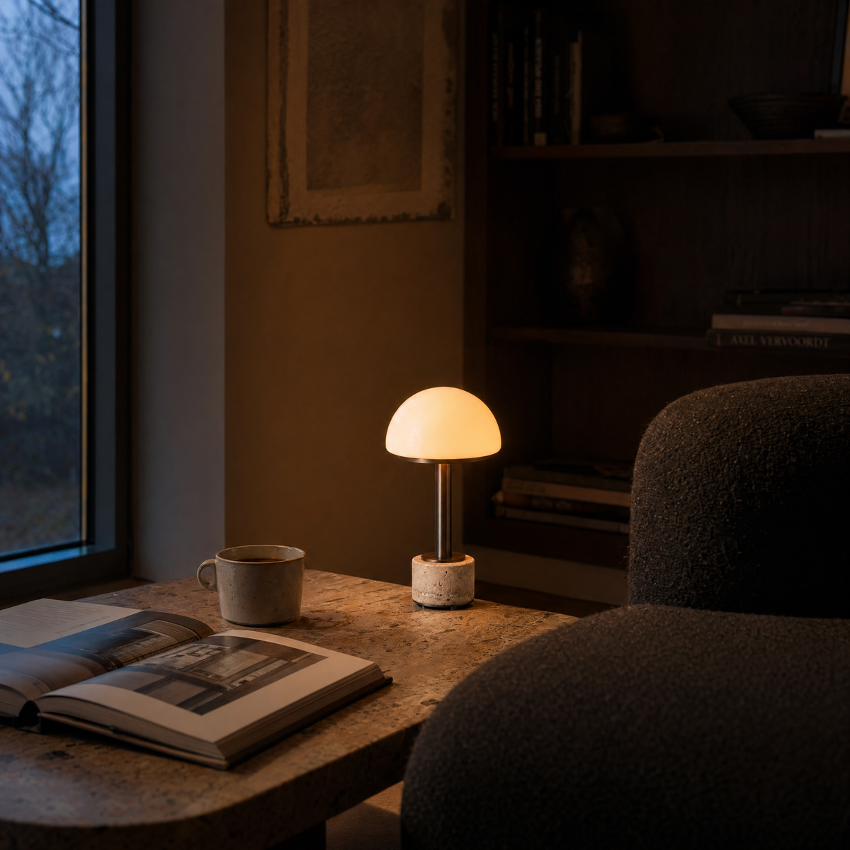 Cordless Travertine & Opal Dome Table Lamp