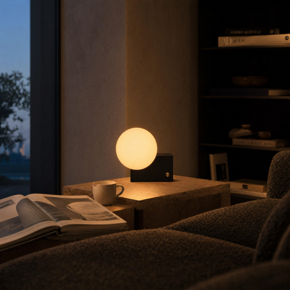 Opal Sphere Black Block Table Lamp