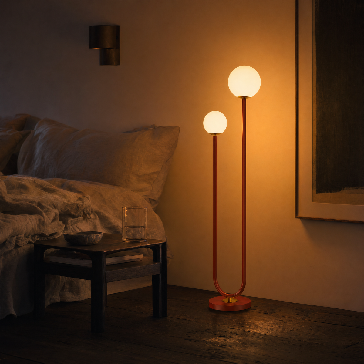 Curved Iron Twin-Globe Floor Lamp