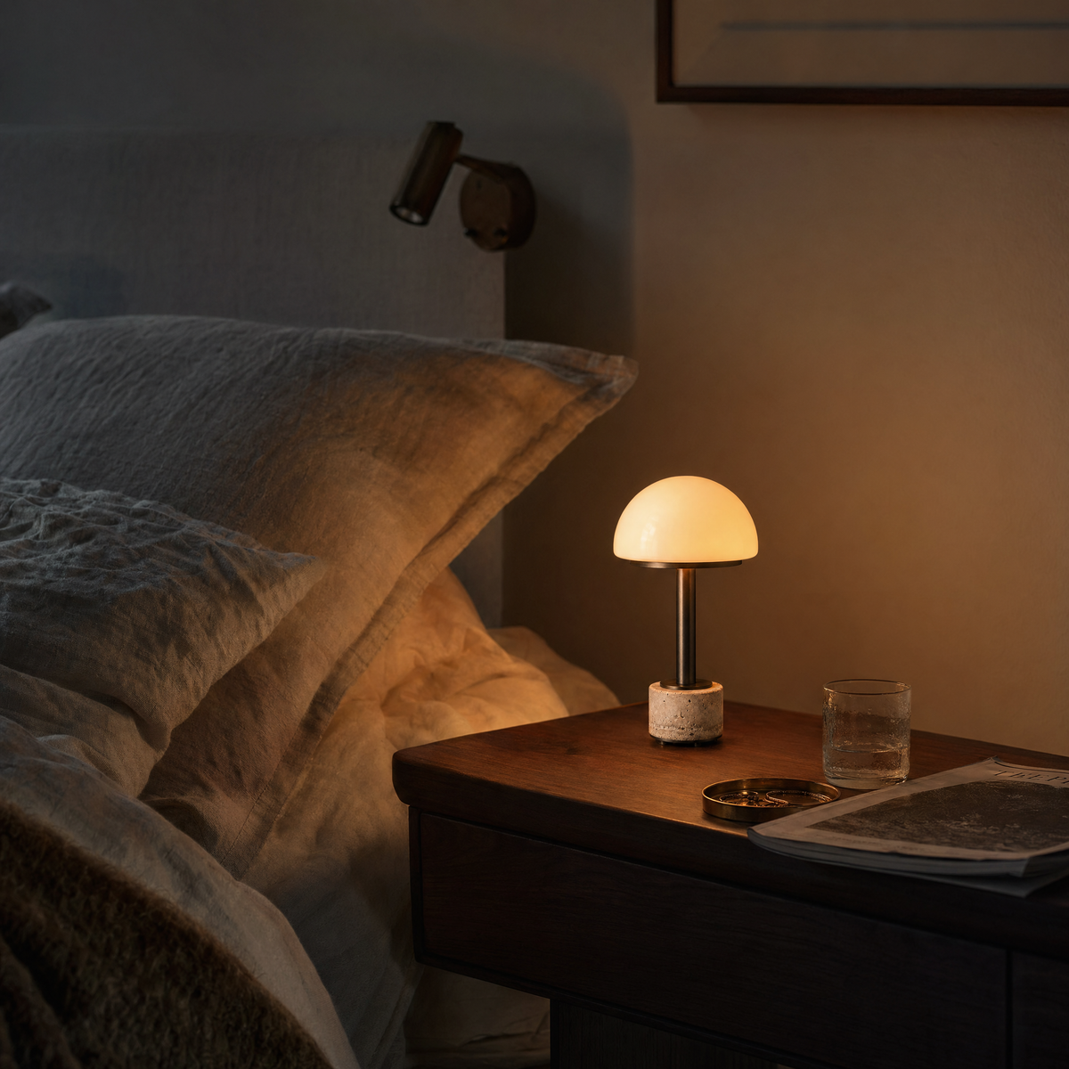 Cordless Travertine & Opal Dome Table Lamp