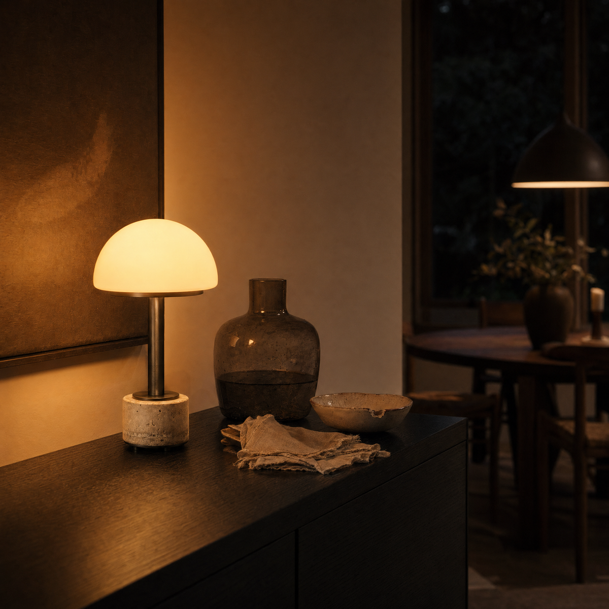 Cordless Travertine & Opal Dome Table Lamp