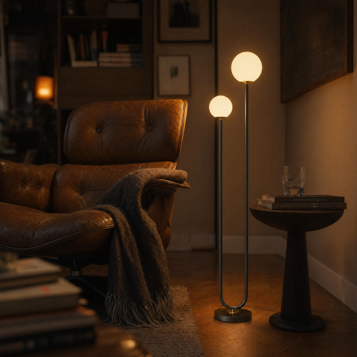 Curved Iron Twin-Globe Floor Lamp