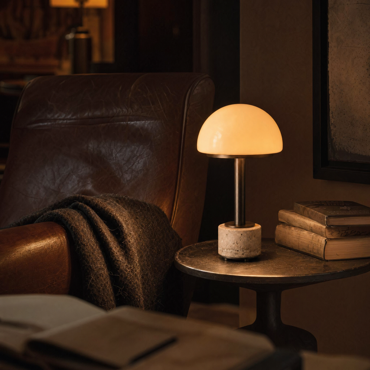 Cordless Travertine & Opal Dome Table Lamp