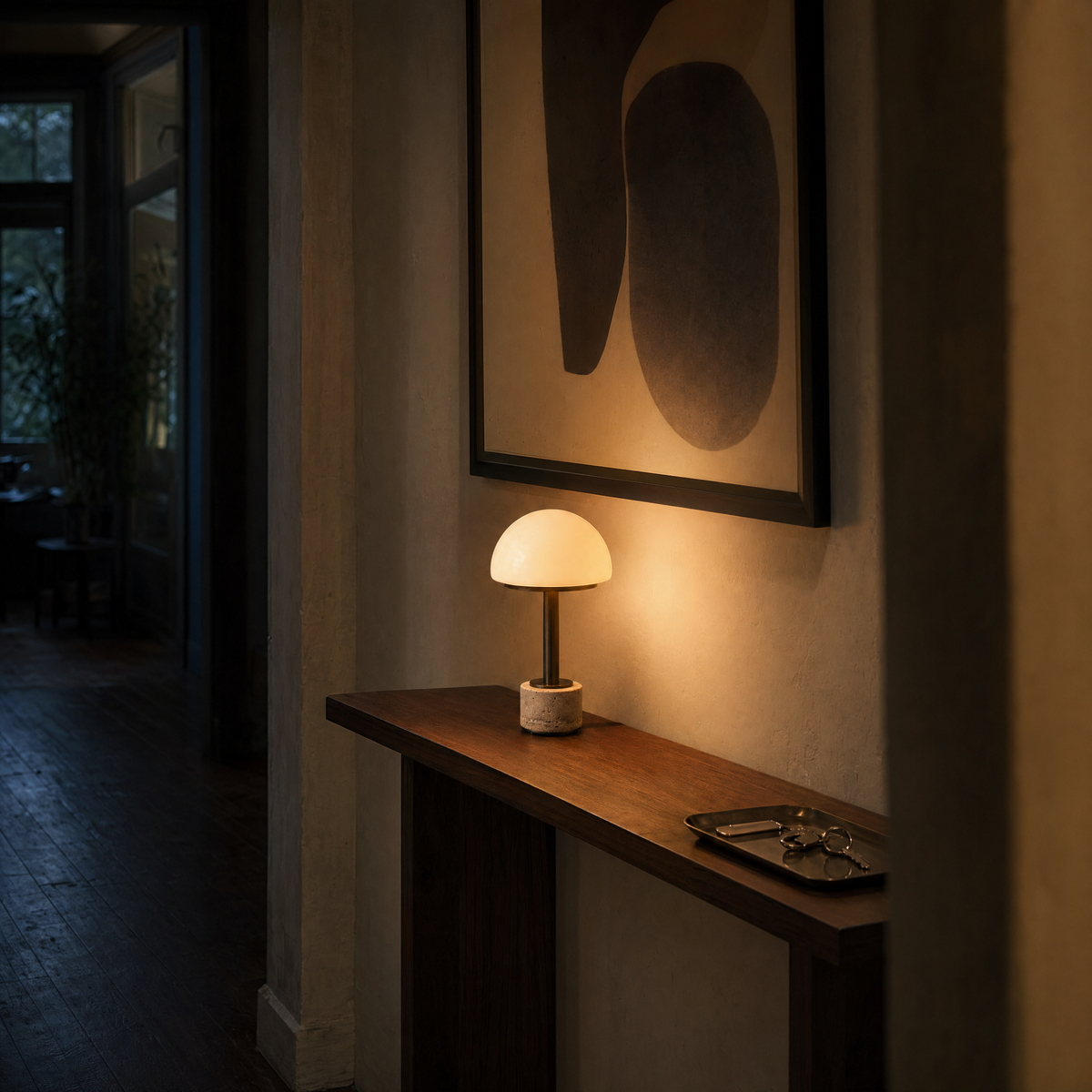 Cordless Travertine & Opal Dome Table Lamp