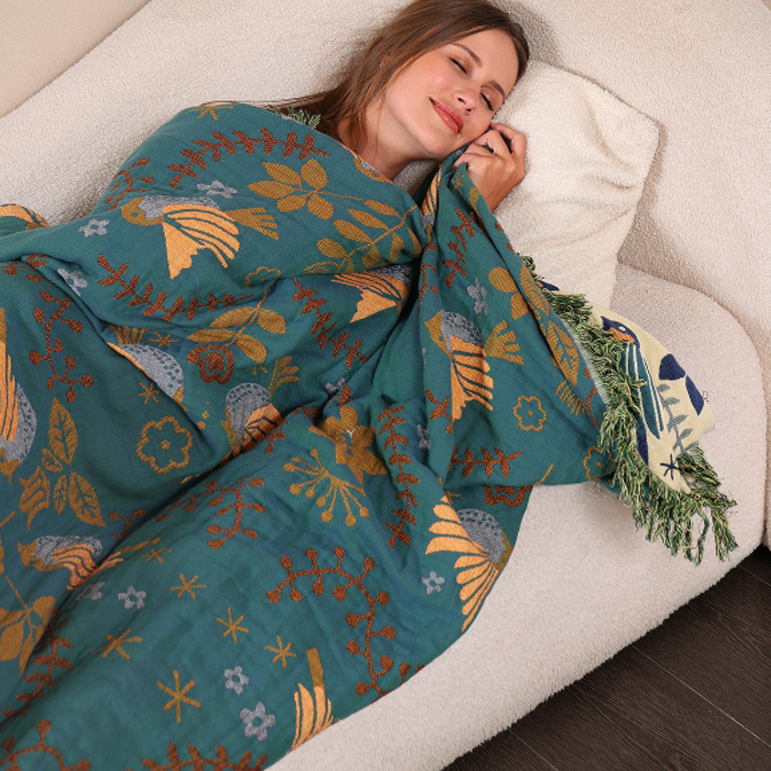 Scandinavian Bird Reversible Fringed Cotton Blanket